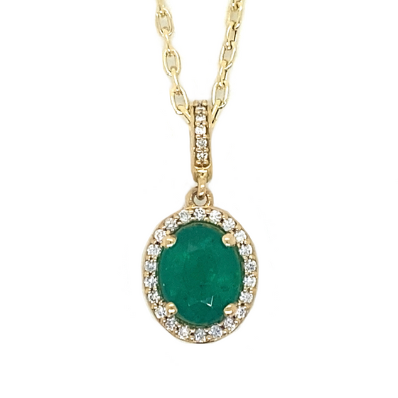 Diamond Designs Yellow Gold Oval Emerald and Diamond Halo Pendant*