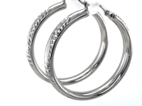 Sterling Silver Rhodium Plated Hoop Marquise Motif Diamond Cut  Earrings (30mm)