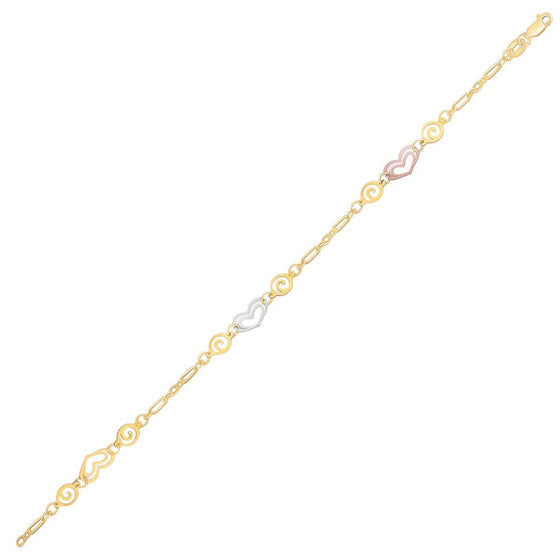 14k Tri-Color Gold Anklet with Multi Color Heart Stations - Diamond Designs