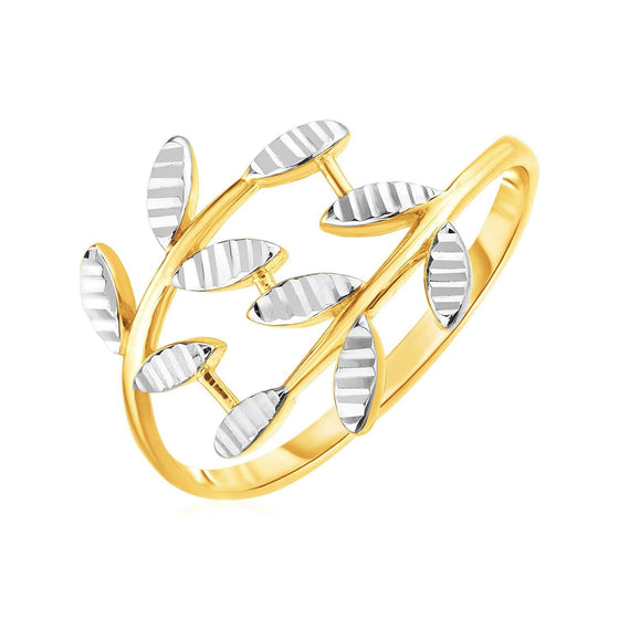14k Two Tone Gold Crossover Ring with Textured Leaves - Diamond Designs