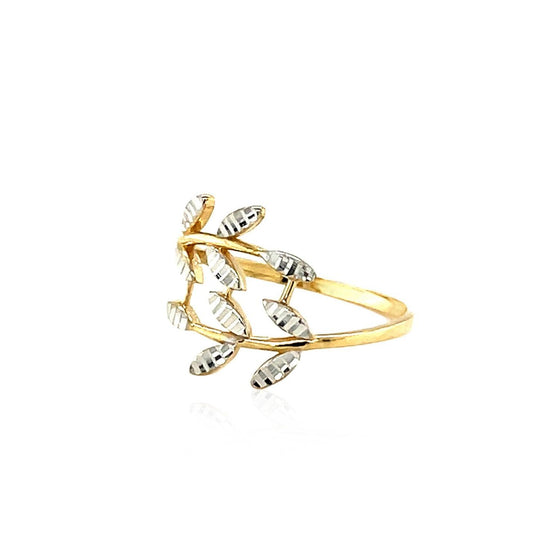 14k Two Tone Gold Crossover Ring with Textured Leaves - Diamond Designs