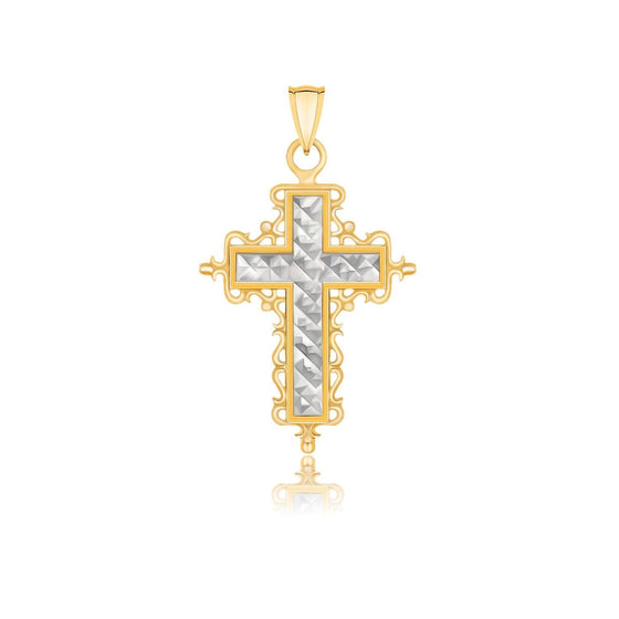 14k Two-Tone Gold Diamond Cut and Baroque Inspired Cross Pendant - Diamond Designs