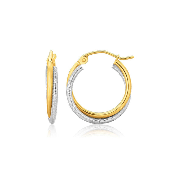 14k Two Tone Gold Double Polished and Textured Hoop Earrings - Diamond Designs