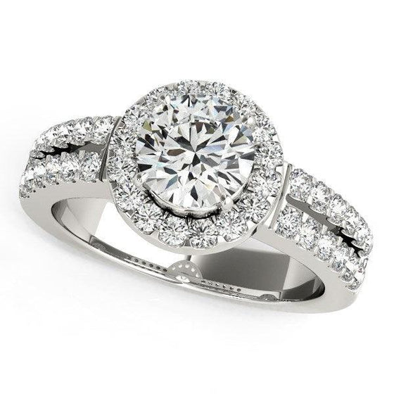 14k White Gold Halo Diamond Engagement Ring With Double Row Band (1 3/8 cttw) - Diamond Designs