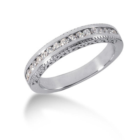 14k White Gold Vintage Style Engraved Diamond Channel Set Wedding Ring Band - Diamond Designs
