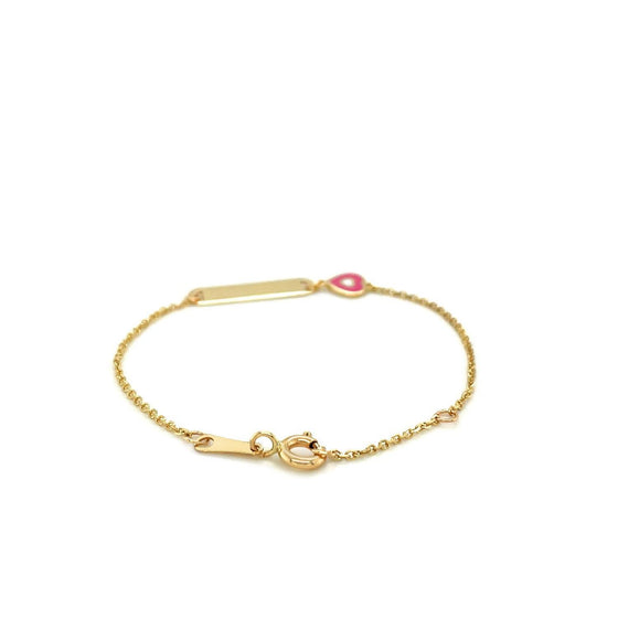 14k Yellow Gold 5 1/2 inch Childrens ID Bracelet with Enameled Heart - Diamond Designs