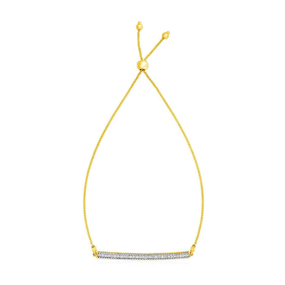 14k Yellow Gold Adjustable Bracelet with Textured Bar and Diamonds - Diamond Designs