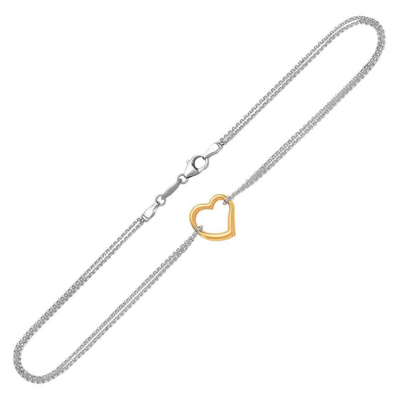 14k Yellow Gold and Sterling Silver Anklet with a Single Open Heart Station - Diamond Designs