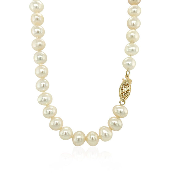 14k Yellow Gold Necklace with White Freshwater Cultured Pearls (6.0mm to 6.5mm) - Diamond Designs