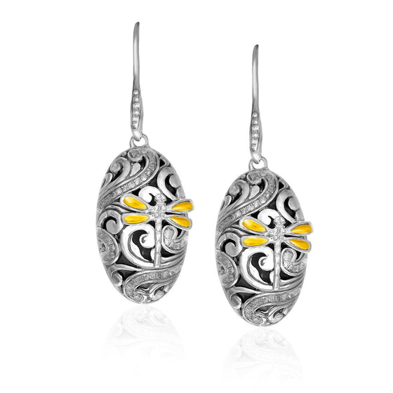 18k Yellow Gold & Sterling Silver Diamond and Dragonfly Oval Earrings - Diamond Designs