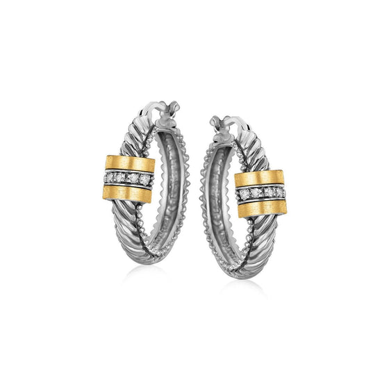 18k Yellow Gold and Sterling Silver Diamond Italian Cable Style Hoop Earrings - Diamond Designs