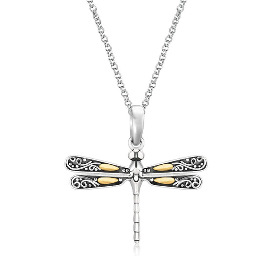 18k Yellow Gold and Sterling Silver Pendant in a Dragonfly Design - Diamond Designs