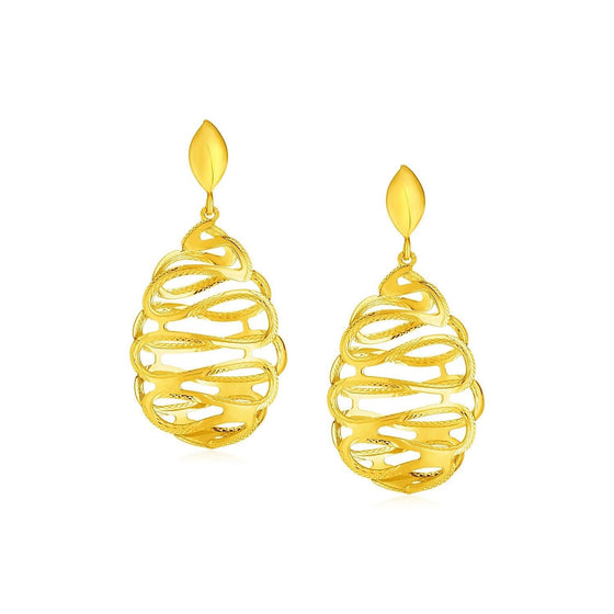 14k Yellow Gold Post Earrings with Textured Wire Spiral Dangles