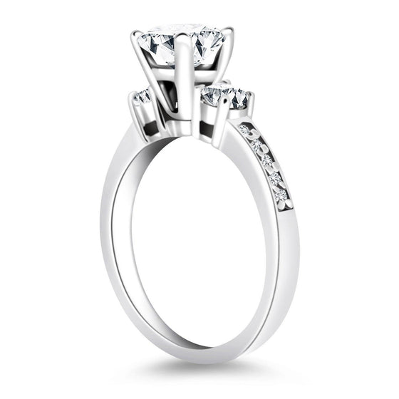 14k White Gold Three Stone Engagement Ring with Diamond Band - Diamond Designs