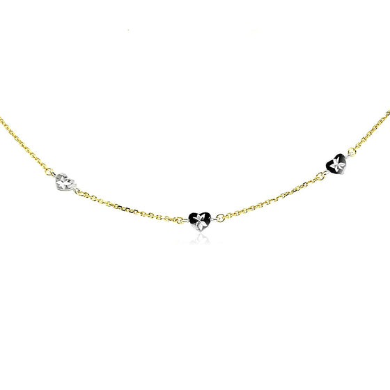 14k Two Tone Gold Anklet with Diamond Cut Heart Style Stations - Diamond Designs