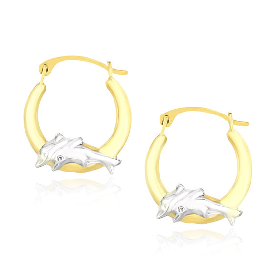 10k Two-Tone Gold Round Graduated Dolphin Design Hoop Earrings - Diamond Designs