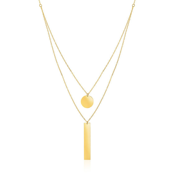 14k Yellow Gold 18 inch Two Strand Necklace with Circle and Bar Pendants