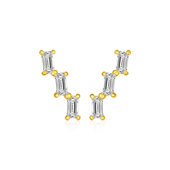 14k Yellow Gold Climber Post Earrings with Baguette Cubic Zirconias