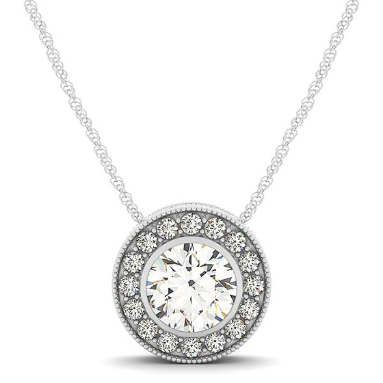 Diamond Halo Pendant with Center Bezel in 14k White Gold (5/8 cttw)