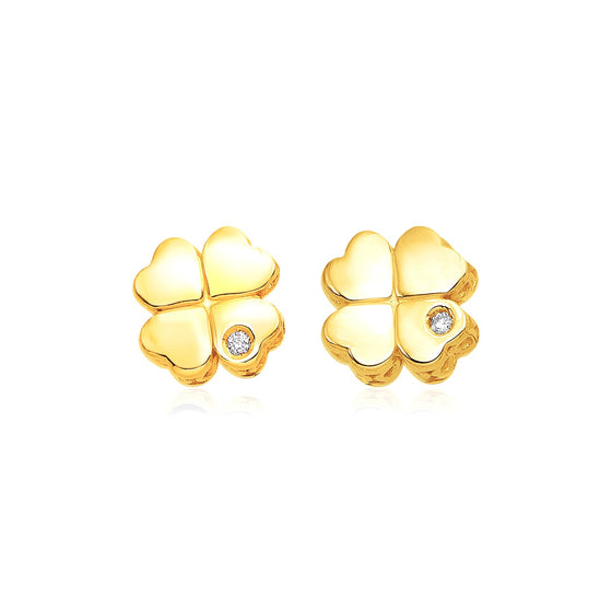 14k Yellow Gold Polished Four Leaf Clover Earrings with Diamonds