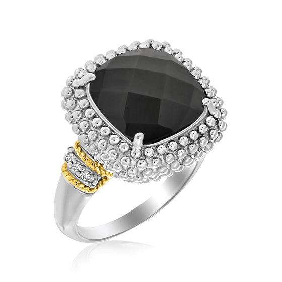 18k Yellow Gold & 925 Sterling Silver Black Onyx and Diamond Popcorn Cushion Ring