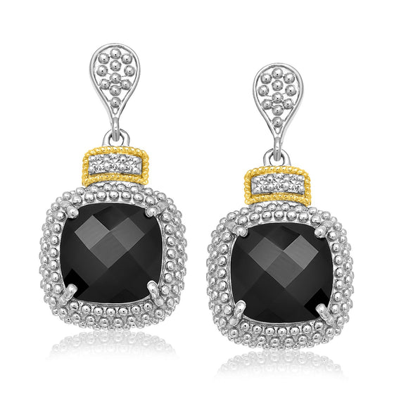 18k Yellow Gold & 925 Sterling Silver Black Onyx & Diamond Earrings (.05cttw)