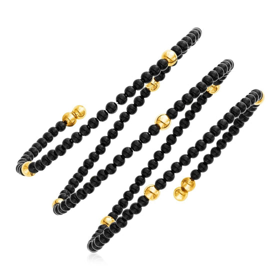 Yellow Gold Wrap Around Bangle with Black Onyx and Polished Beads