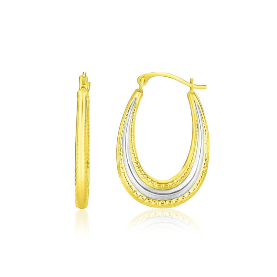 10k Two-Tone Gold Graduated Textured Oval Hoop Earrings - Diamond Designs