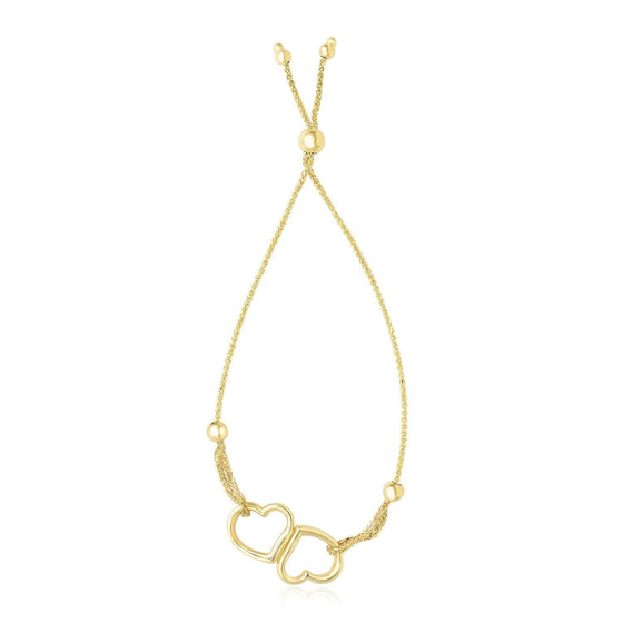 Yellow Gold Conjoined Open Heart Adjustable Lariat Style Bracelet
