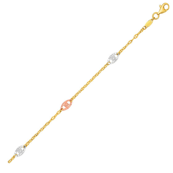 14k Three-Toned Yellow   White   and Rose Gold Anklet with Textured Ovals