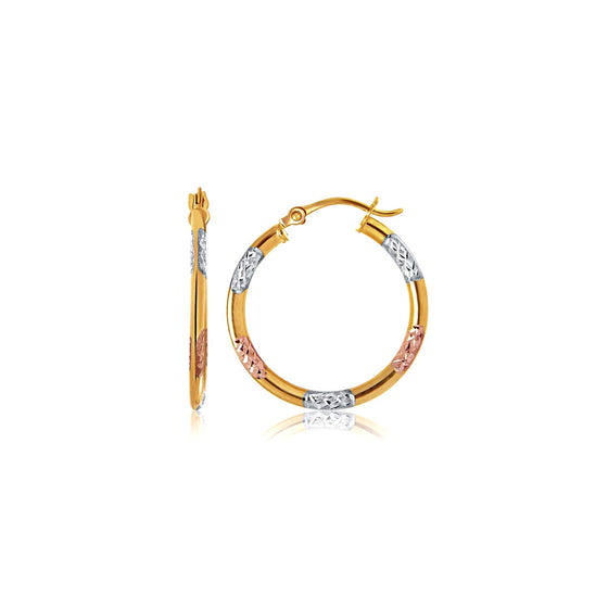 10k Tri-Color Gold Classic Hoop Earrings with Diamond Cut Details - Diamond Designs
