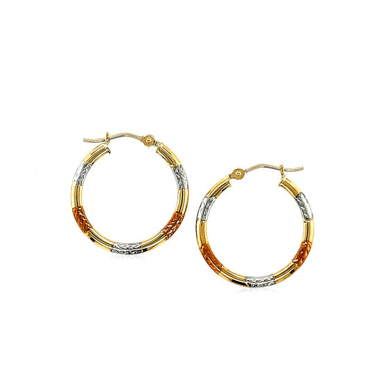 10k Tri-Color Gold Classic Hoop Earrings with Diamond Cut Details - Diamond Designs