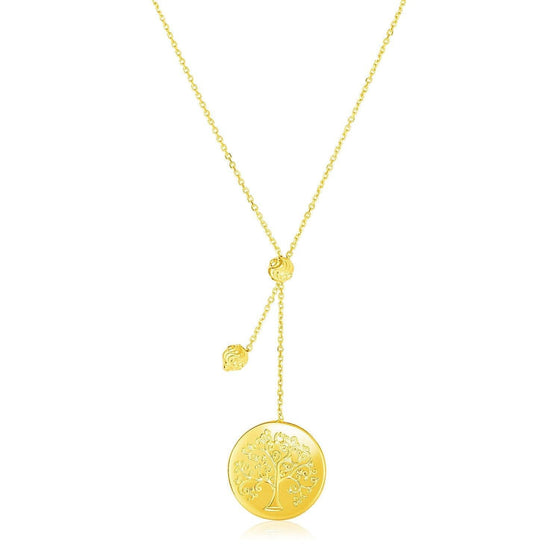 Yellow Gold Lariat Style Necklace with Tree of Life Pendant