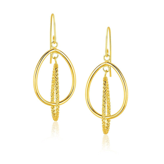 Yellow Gold Dangling Earrings with Teardrop and Textured Rows