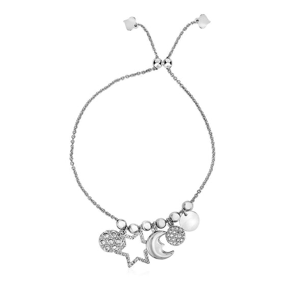 Adjustable Bead Bracelet with Celestial Charms in Sterling Silver - Diamond Designs