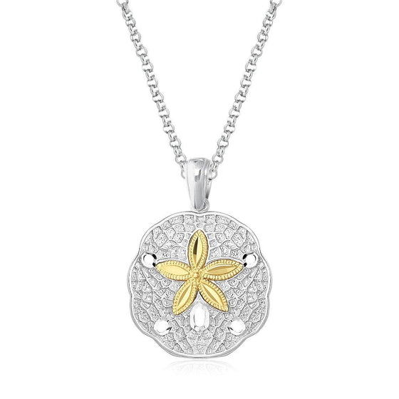 Designer Sterling Silver and 14k Yellow Gold Sand Dollar Pendant - Diamond Designs