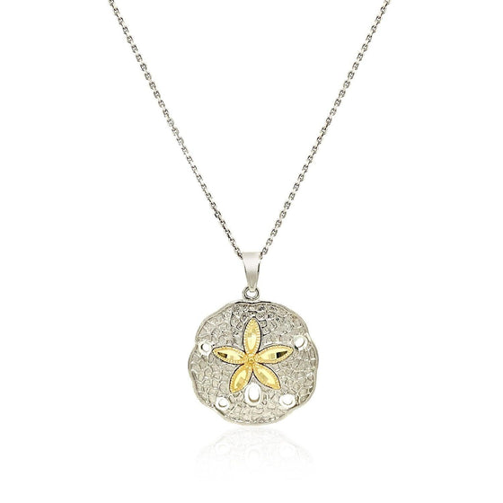 Designer Sterling Silver and 14k Yellow Gold Sand Dollar Pendant - Diamond Designs