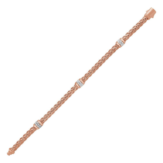 Polished Woven Rope Bracelet with Diamond Accents in 14k Rose Gold - Diamond Designs