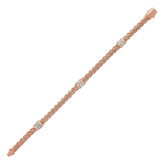 Polished Woven Rope Bracelet with Diamond Accents in 14k Rose Gold - Diamond Designs