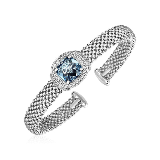 Popcorn Texture Cuff Bangle with Blue Topaz and Diamonds in Sterling Silver - Diamond Designs