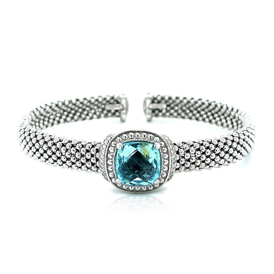 Popcorn Texture Cuff Bangle with Blue Topaz and Diamonds in Sterling Silver - Diamond Designs