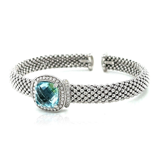 Popcorn Texture Cuff Bangle with Blue Topaz and Diamonds in Sterling Silver - Diamond Designs
