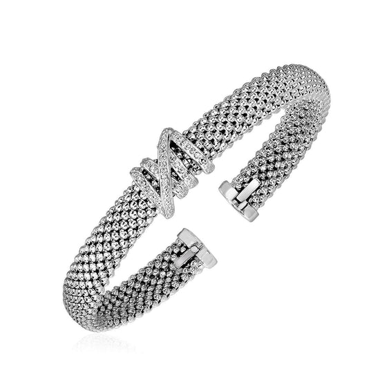 Popcorn Texture Cuff Bangle with Diamonds in Sterling Silver - Diamond Designs