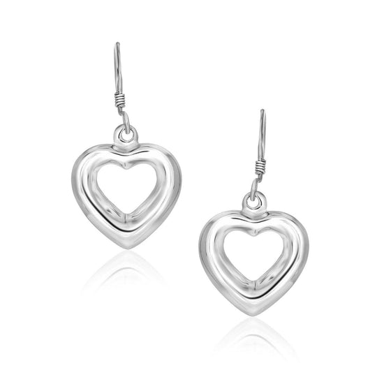 Sterling Silver Drop Earrings with a Puffed Open Heart Design - Diamond Designs