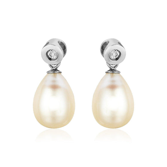 Sterling Silver Earrings with Pear Shaped Freshwater Pearls and Cubic Zirconias - Diamond Designs