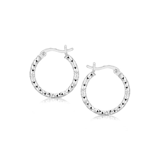 Sterling Silver Faceted Design Hoop Earrings with Rhodium Plating - Diamond Designs