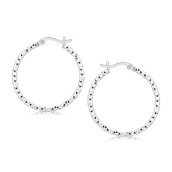 Sterling Silver Faceted Motif Hoop Earrings with Rhodium Plating - Diamond Designs