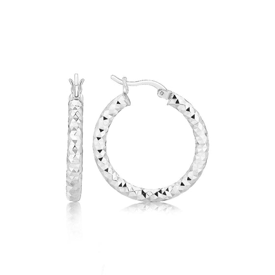 Sterling Silver Faceted Style Hoop Earrings with Rhodium Finishing - Diamond Designs