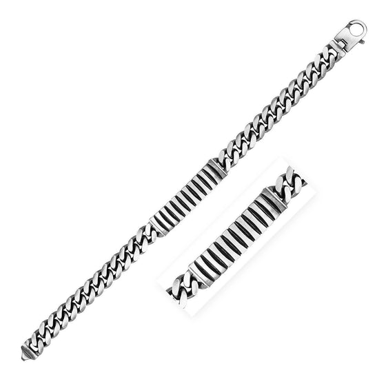 Sterling Silver Gunmetal Finish Cuban Link ID Style Bracelet - Diamond Designs