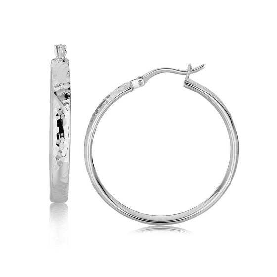 Sterling Silver Hammered Style Hoop Earrings with Rhodium Plating (30mm) - Diamond Designs